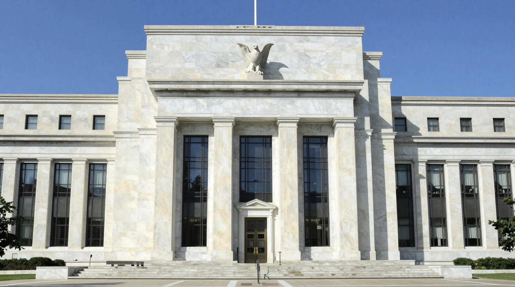 The Federal Reserve headquarters in Washington D.C. with symbolic balance scale representing monetary policy deliberation