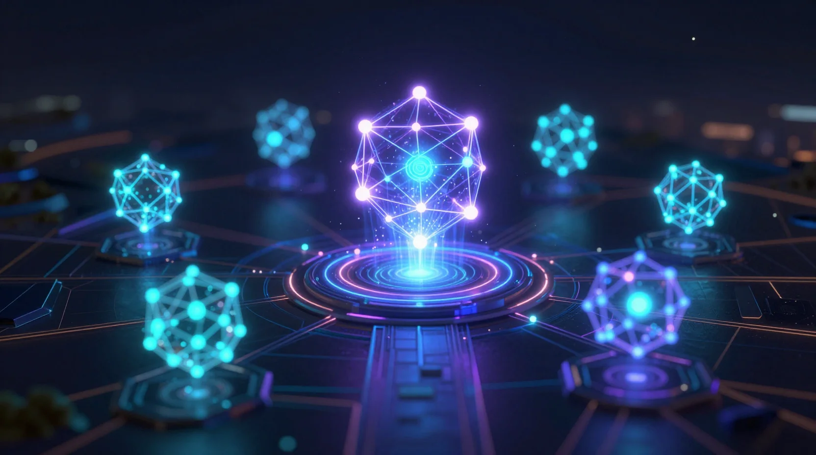 Futuristic digital landscape with glowing Solana blockchain nodes and flowing data streams