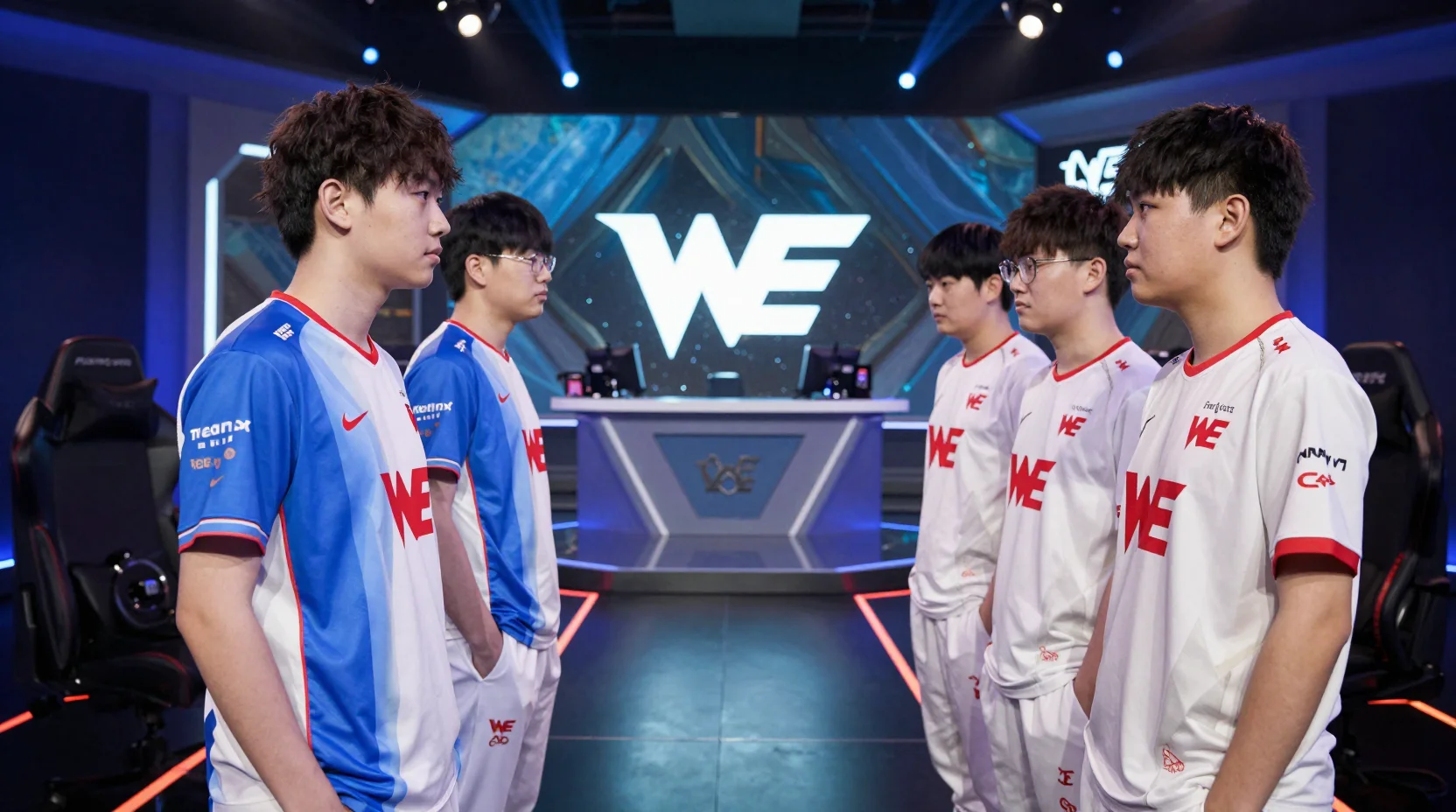 League of Legends esports arena with two teams facing off under dramatic lighting