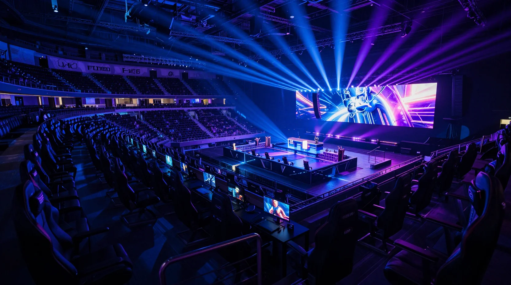 Cinematic esports arena scene with LPL team banners