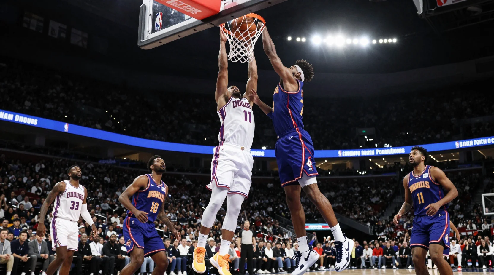 NBA game scene with players contesting a rebound under bright arena lights