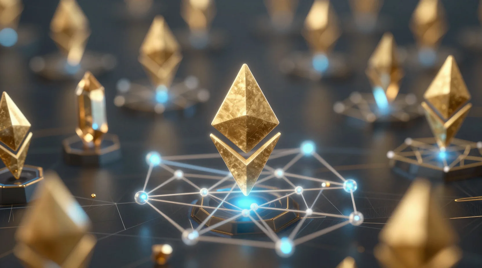 Ethereum crystals floating in a cosmic digital network, glowing with constrained energy amid vast purple and blue void