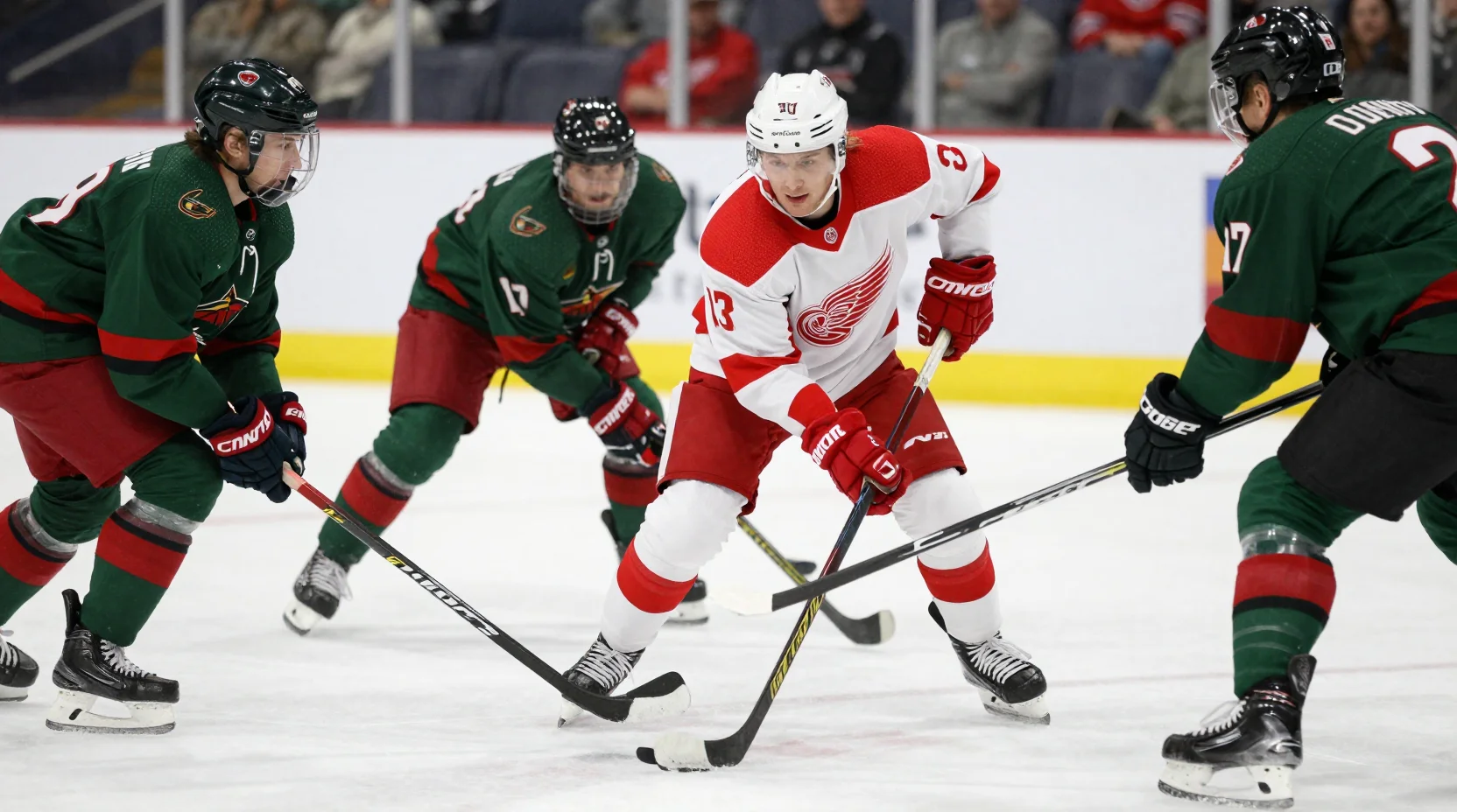Hockey game illustration showing intense competition between Red Wings and Wild players