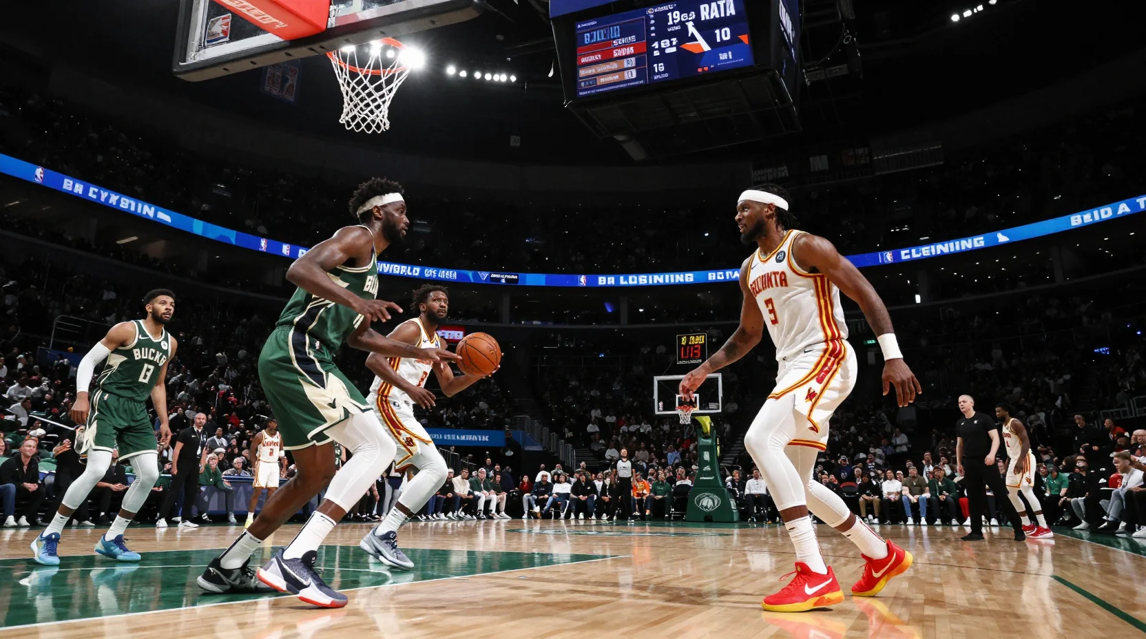 NBA arena scene showing Bucks vs Hawks game intensity