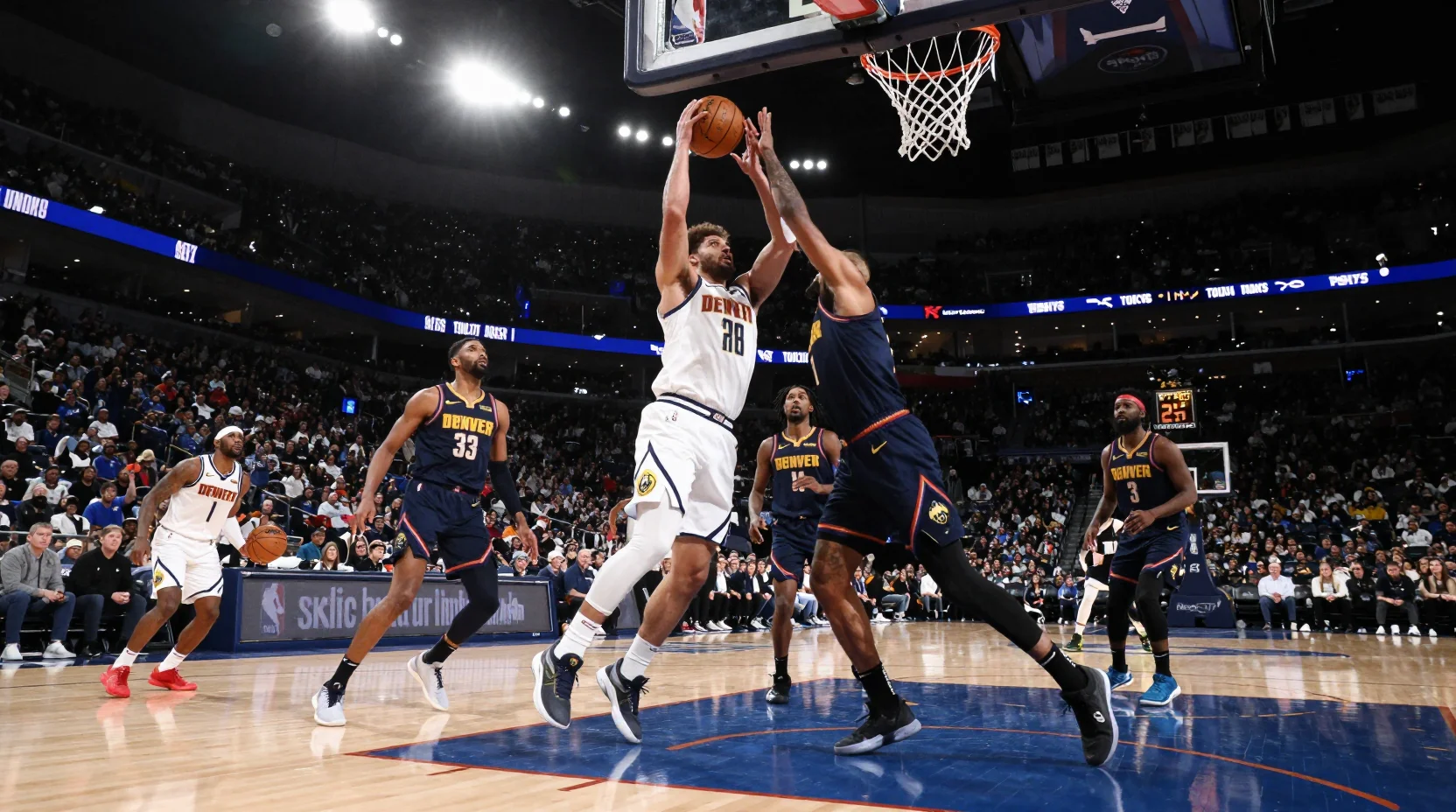 NBA game scene showing intense basketball action