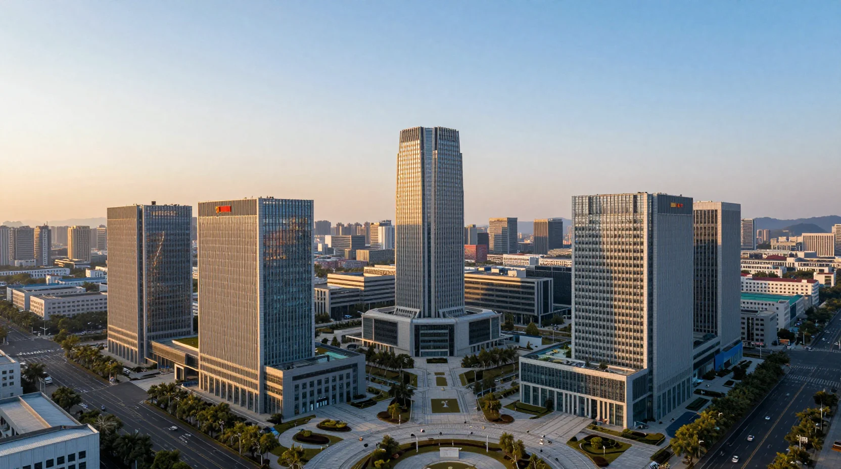 Corporate campuses of major technology companies at sunset