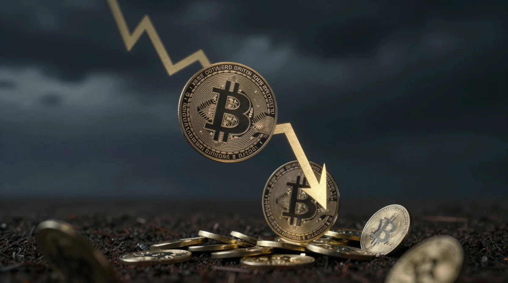 XRP cryptocurrency coins descending through darkening atmospheric void with fractured support structures