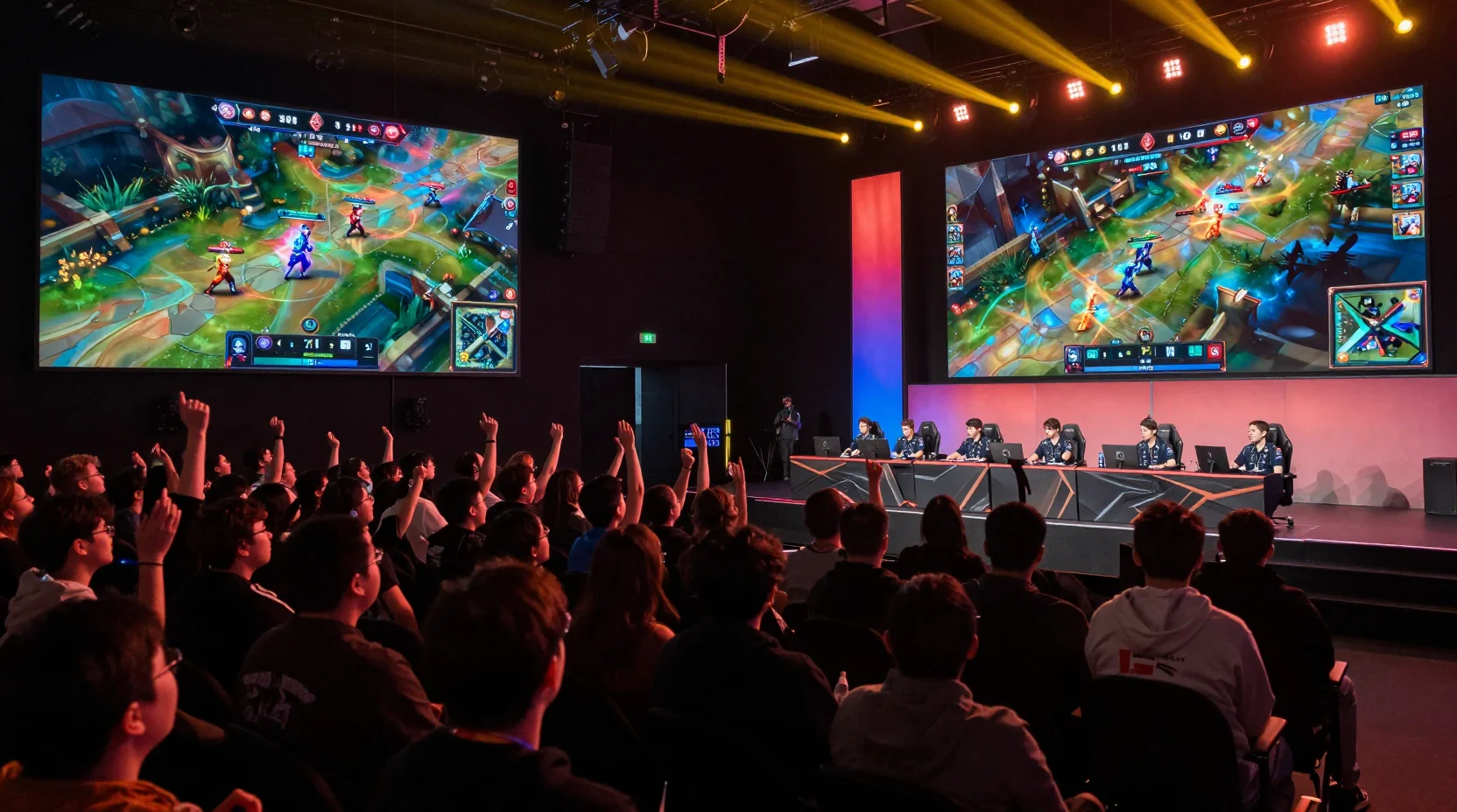 Dramatic esports arena filled with passionate fans during a high-stakes League of Legends match