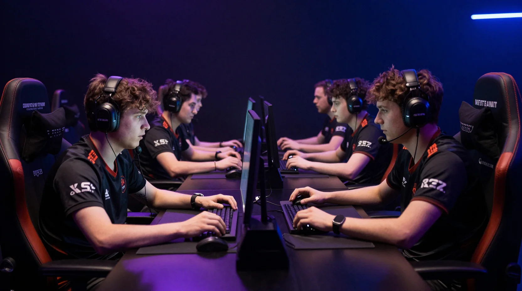 Professional Counter-Strike esports arena with Team Liquid vs Team Falcons facing off in dramatic lighting