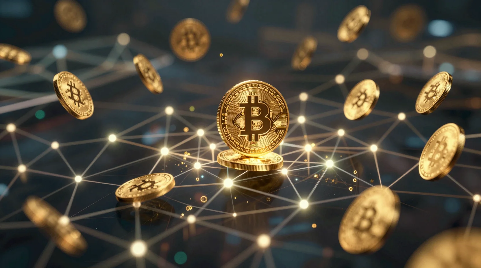 Bitcoin digital landscape with blockchain nodes and traditional finance integration