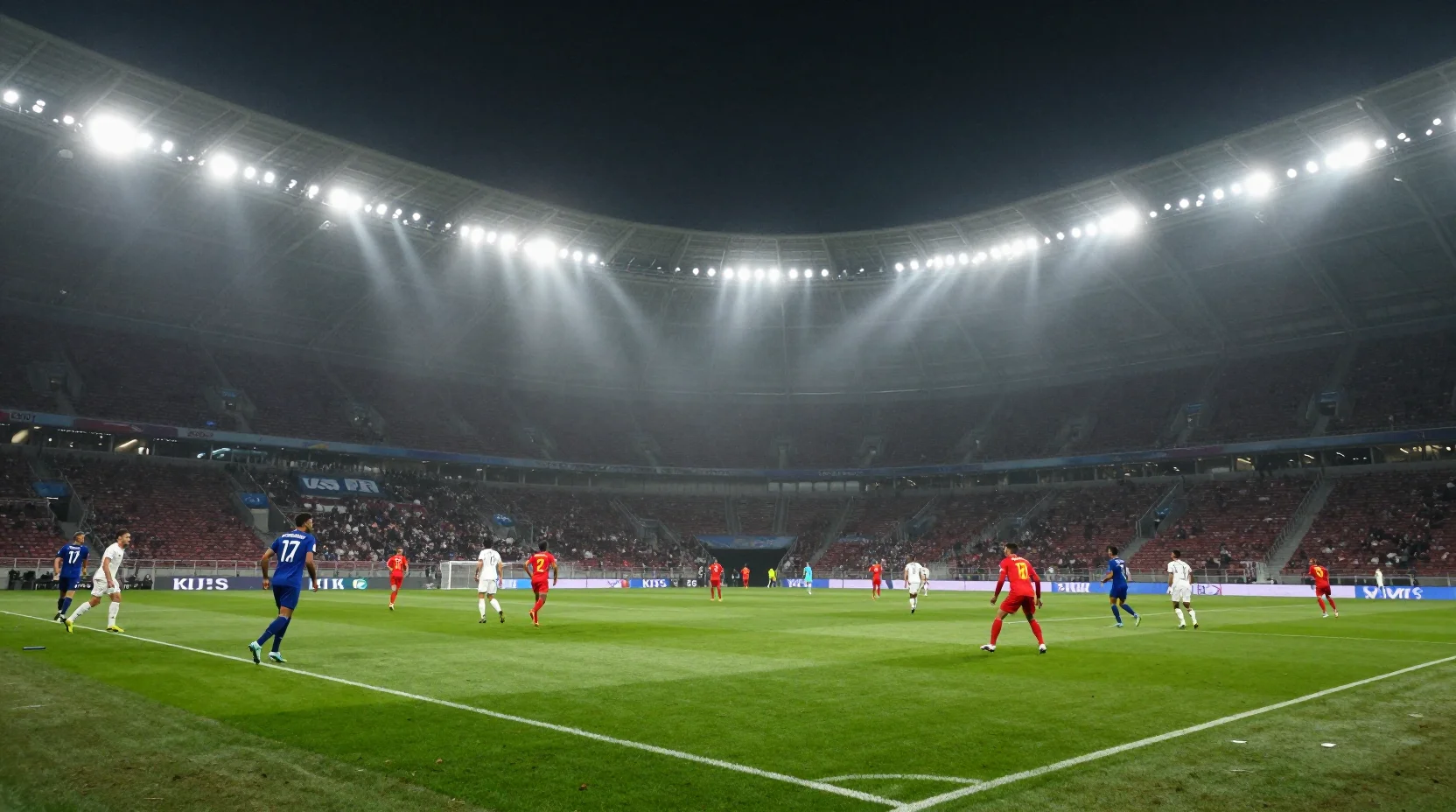 Dramatic evening football match scene at European stadium