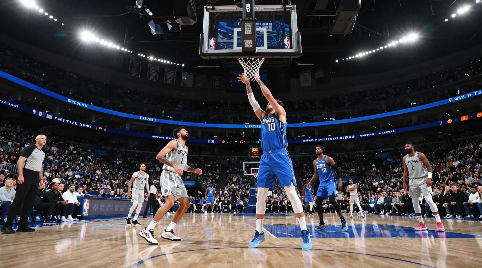 NBA basketball arena scene with Spurs and Mavericks players in action