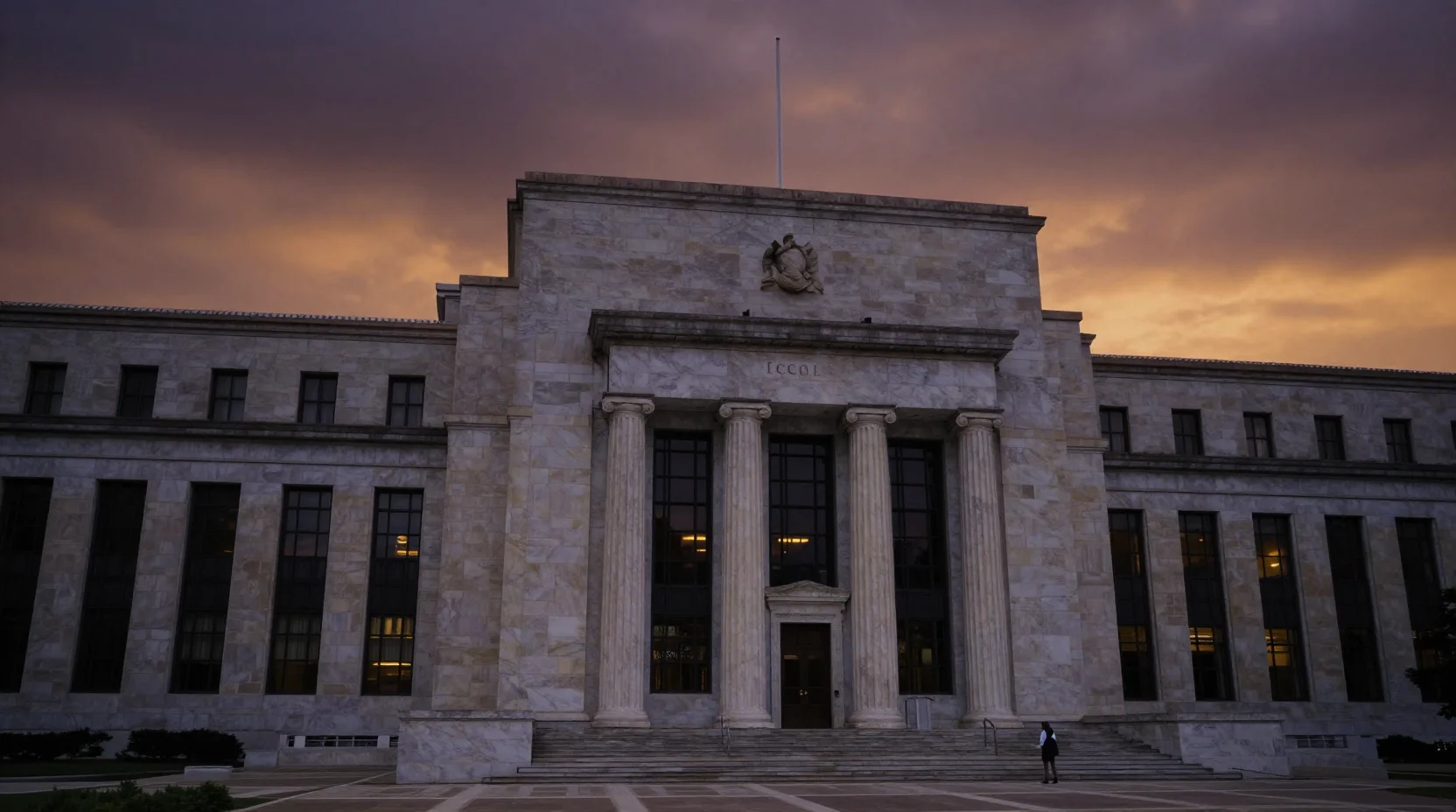 The Federal Reserve's Eccles Building at dusk, symbolizing monetary policy deliberation