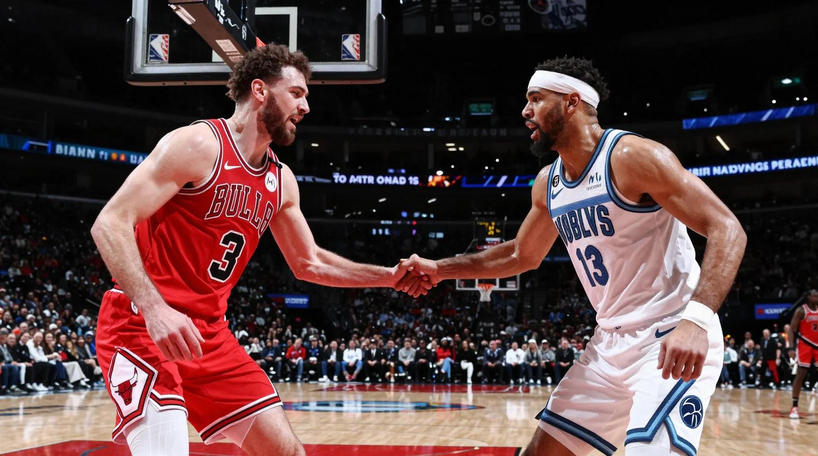 Dramatic basketball arena scene showing intense Bulls vs Timberwolves matchup