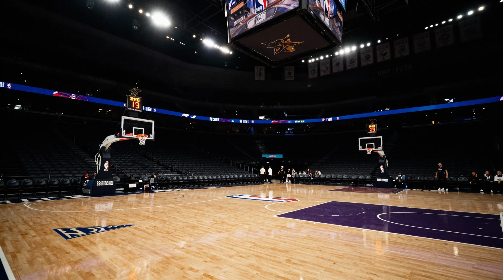 Dramatic basketball arena scene with professional game atmosphere