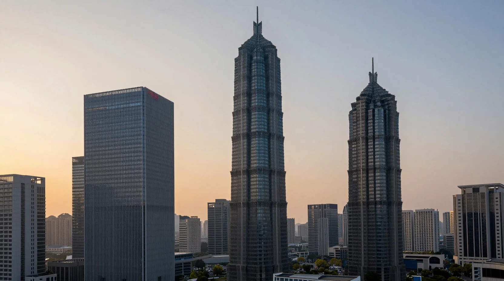 Three colossal corporate towers representing Apple, Microsoft, and NVIDIA rising above a futuristic financial district at dawn, with holographic market cap numbers floating beside each tower