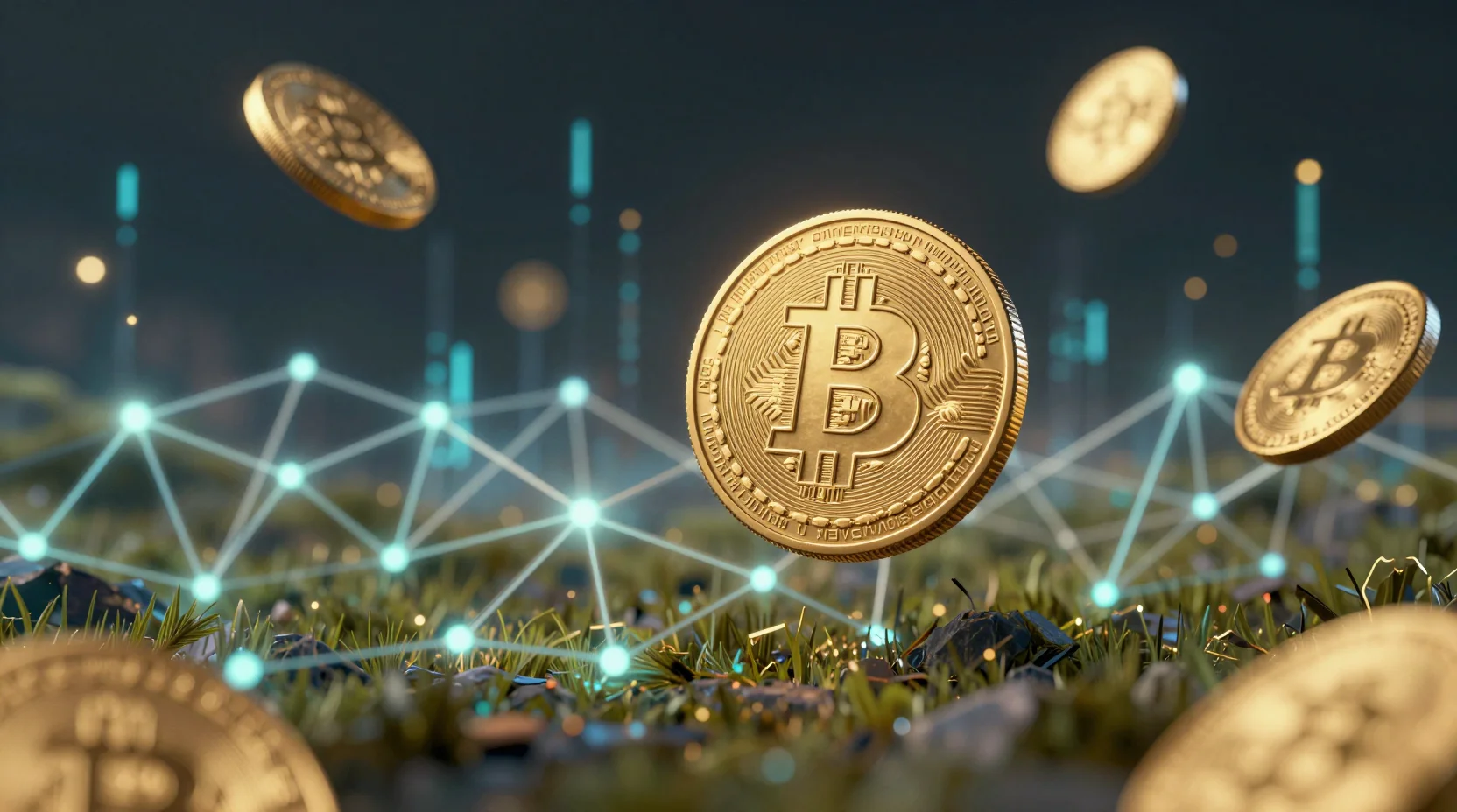 Digital cryptocurrency landscape with Bitcoin coins and blockchain network visualization