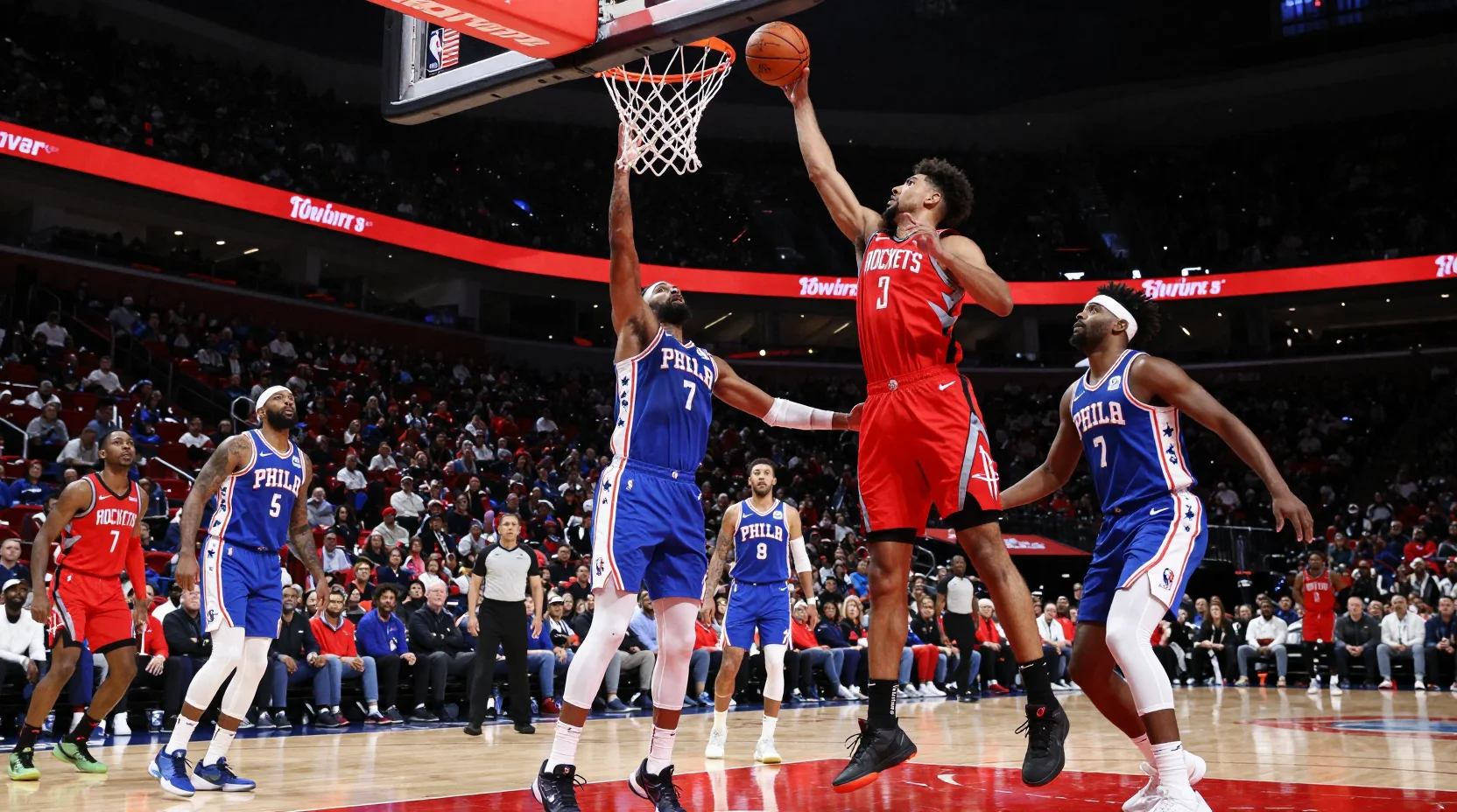 NBA game scene showing Rockets vs 76ers matchup intensity