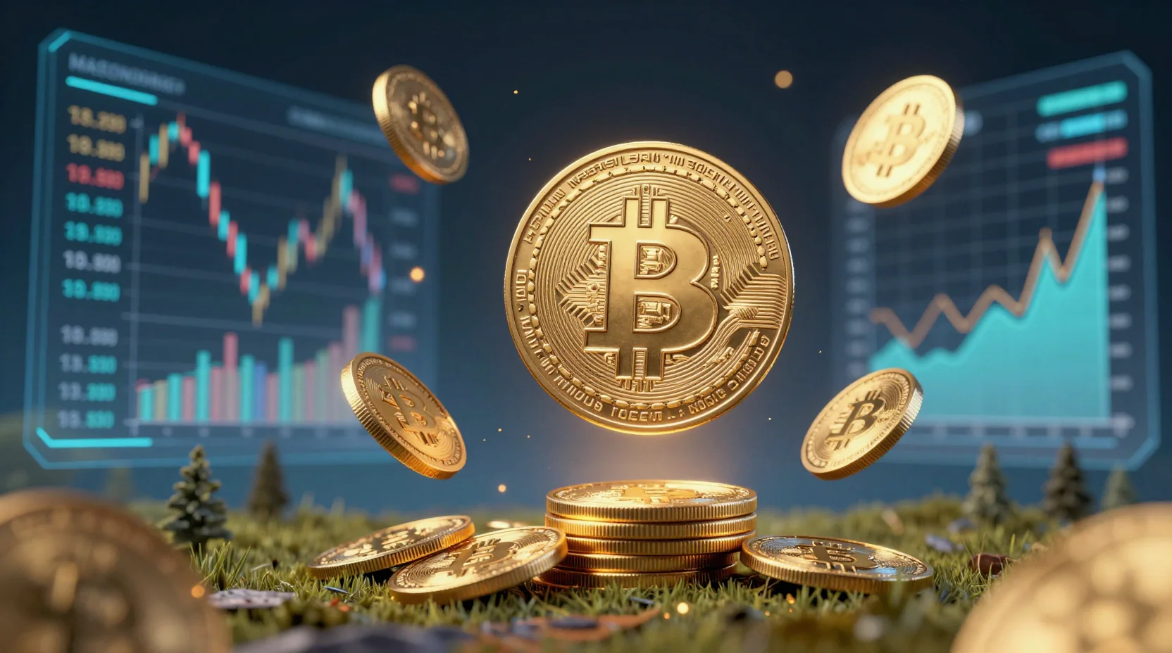 Cryptocurrency valuation visualization showing digital tokens and market data