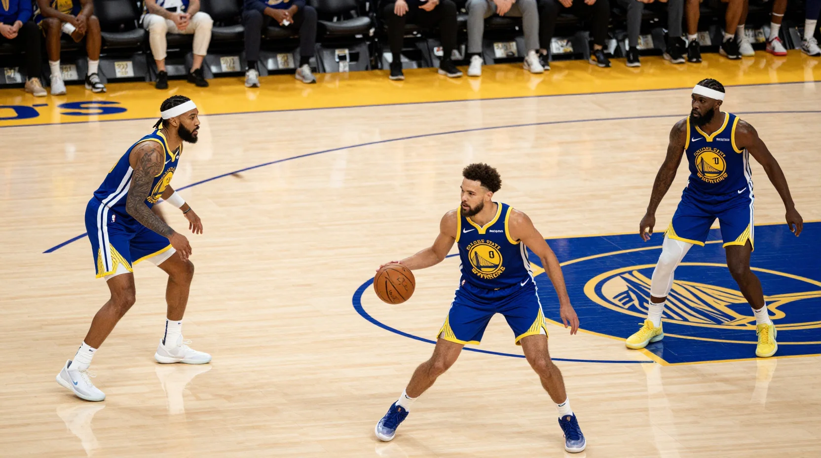 NBA game scene showing Warriors and Mavericks in intense competition