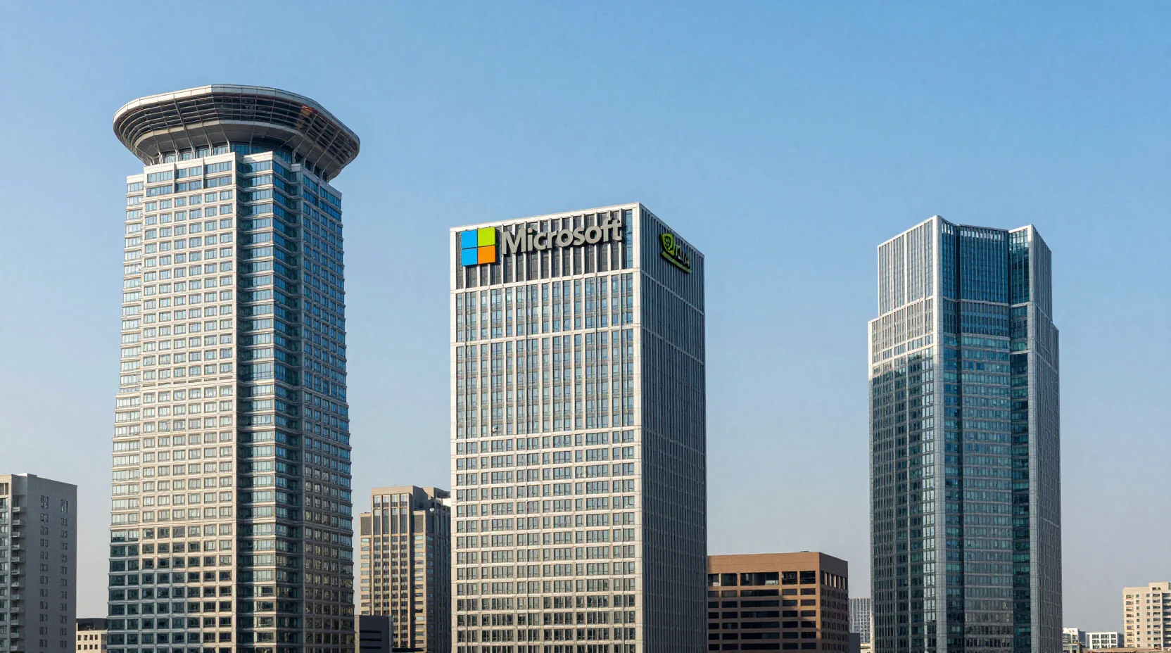 Three corporate towers competing for height representing the market cap race