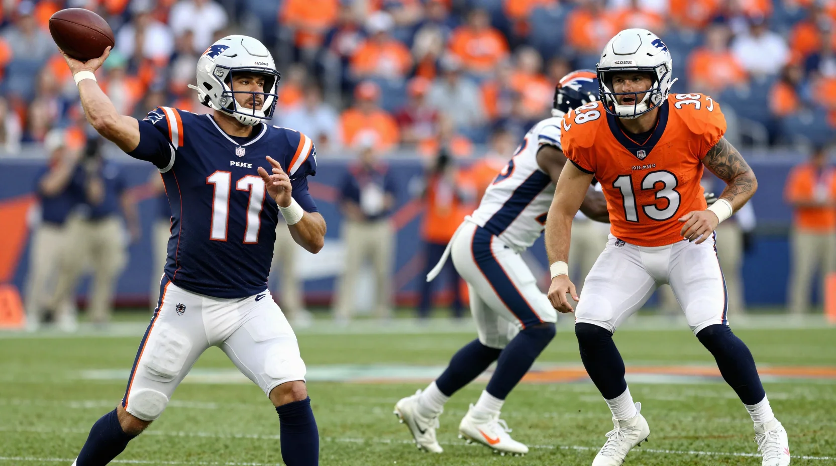 Dramatic split-screen of quarterbacks Drake Maye and Jarrett Stidham facing off in AFC Championship