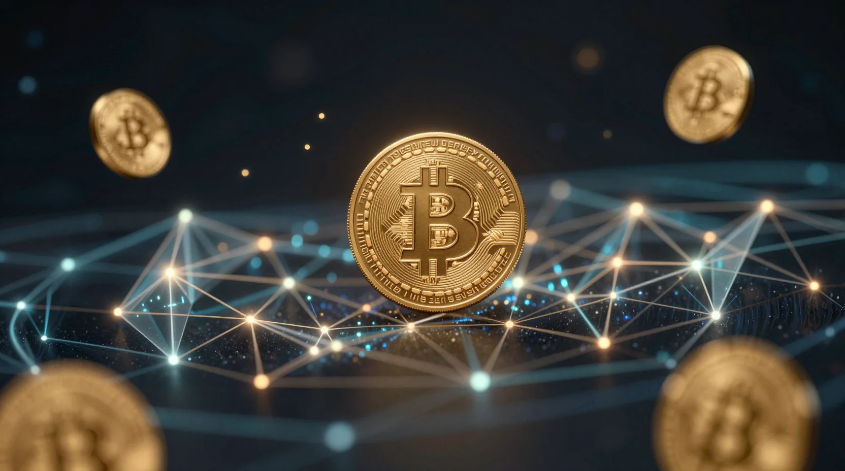 Cosmic digital landscape with golden Bitcoin tokens floating among interconnected blockchain nodes, representing the future of decentralized finance