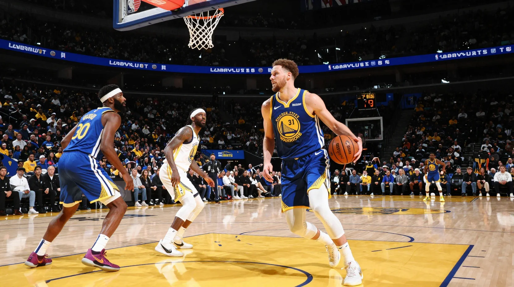 Dramatic NBA arena scene capturing Warriors vs Mavericks game intensity