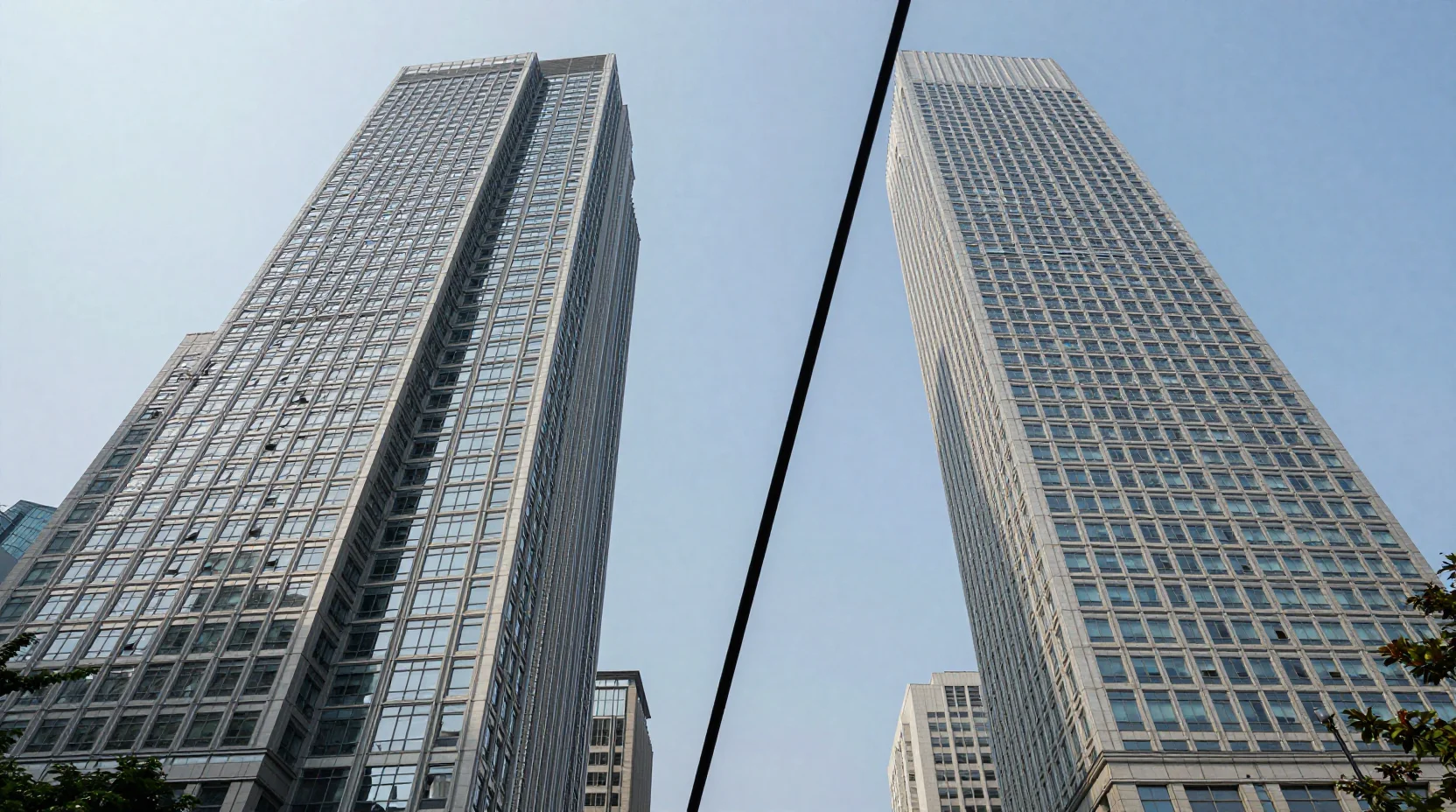 Two monumental corporate headquarters buildings representing Apple and Microsoft, with a digital scale balancing between them