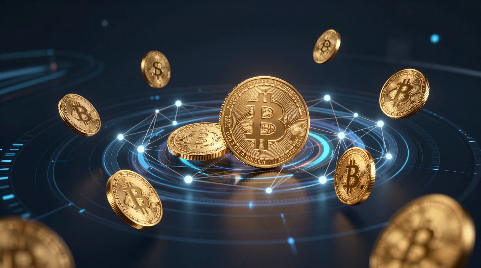 Futuristic digital landscape showing Solana blockchain ecosystem with golden cryptocurrency coins and interconnected network nodes