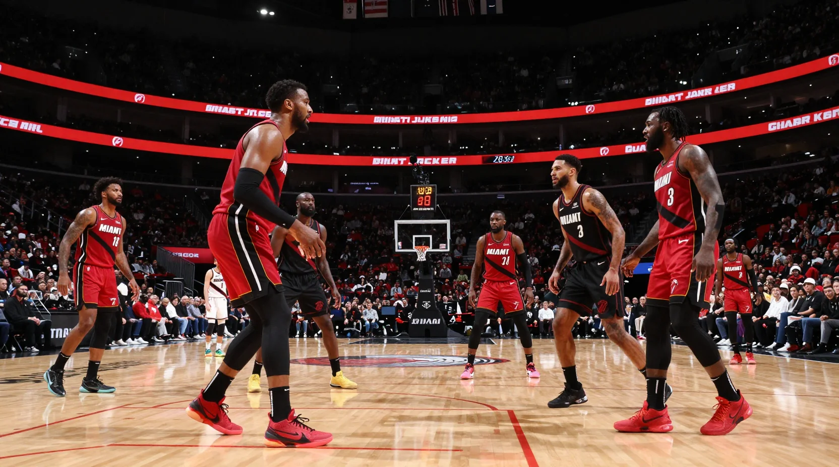 Dramatic basketball arena scene showing Heat vs Trail Blazers matchup