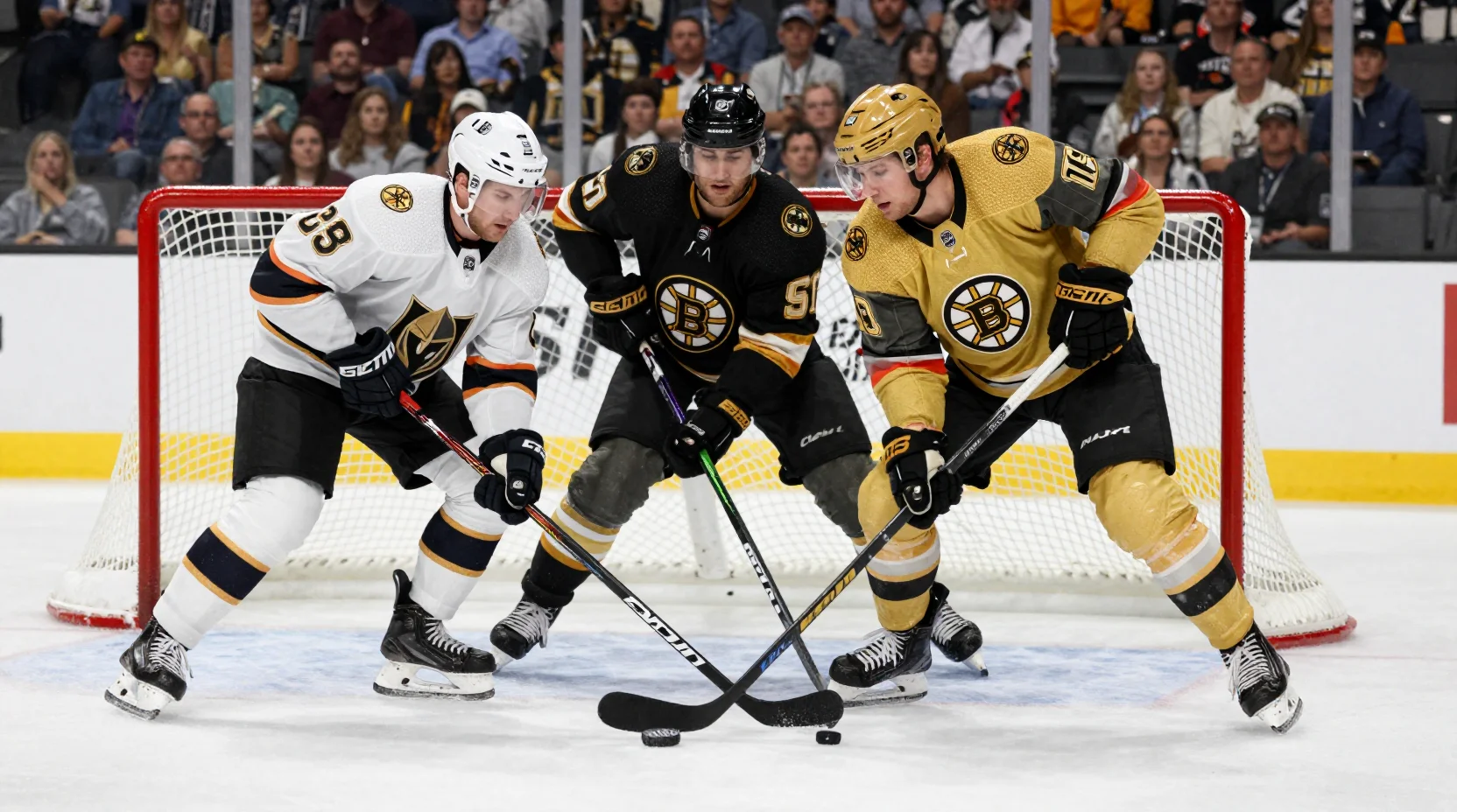 Intense NHL hockey game moment with players battling for the puck