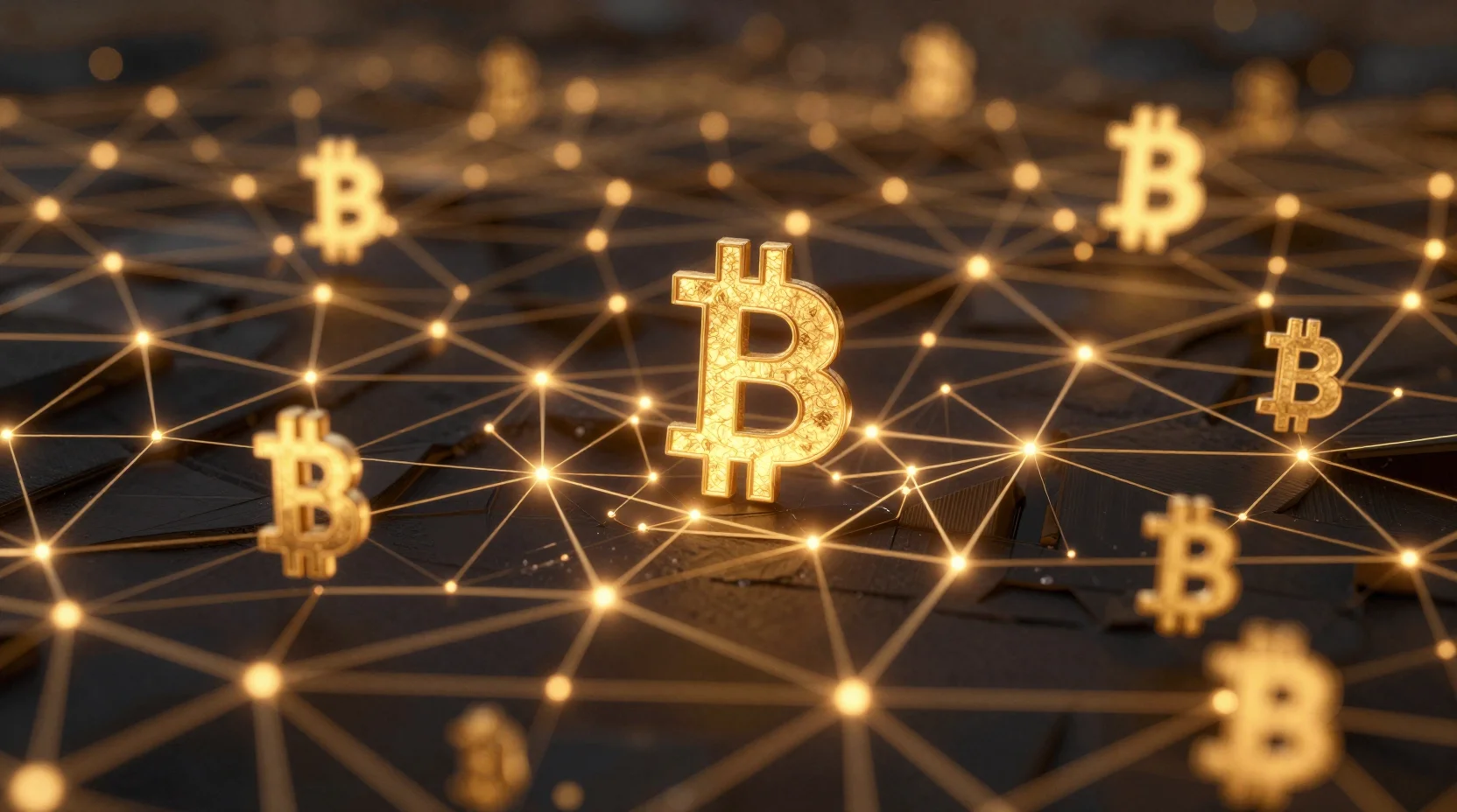 Digital landscape with Bitcoin symbols floating among interconnected blockchain nodes in a cosmic void