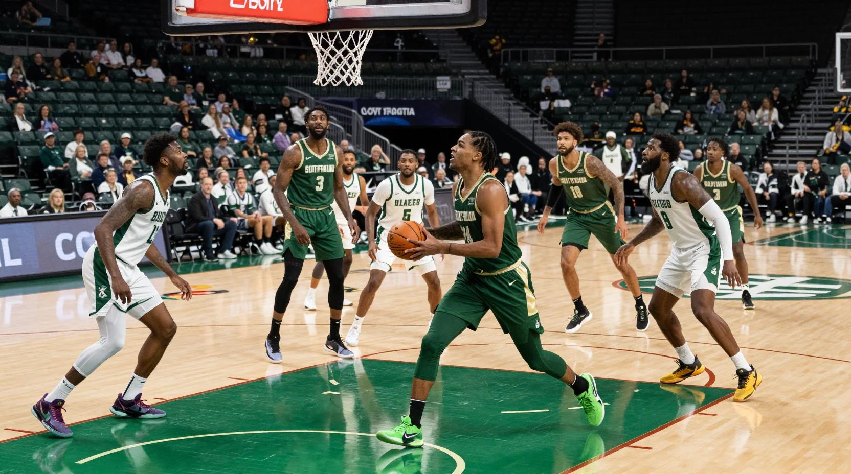 College basketball arena scene with South Florida Bulls and UAB Blazers players competing