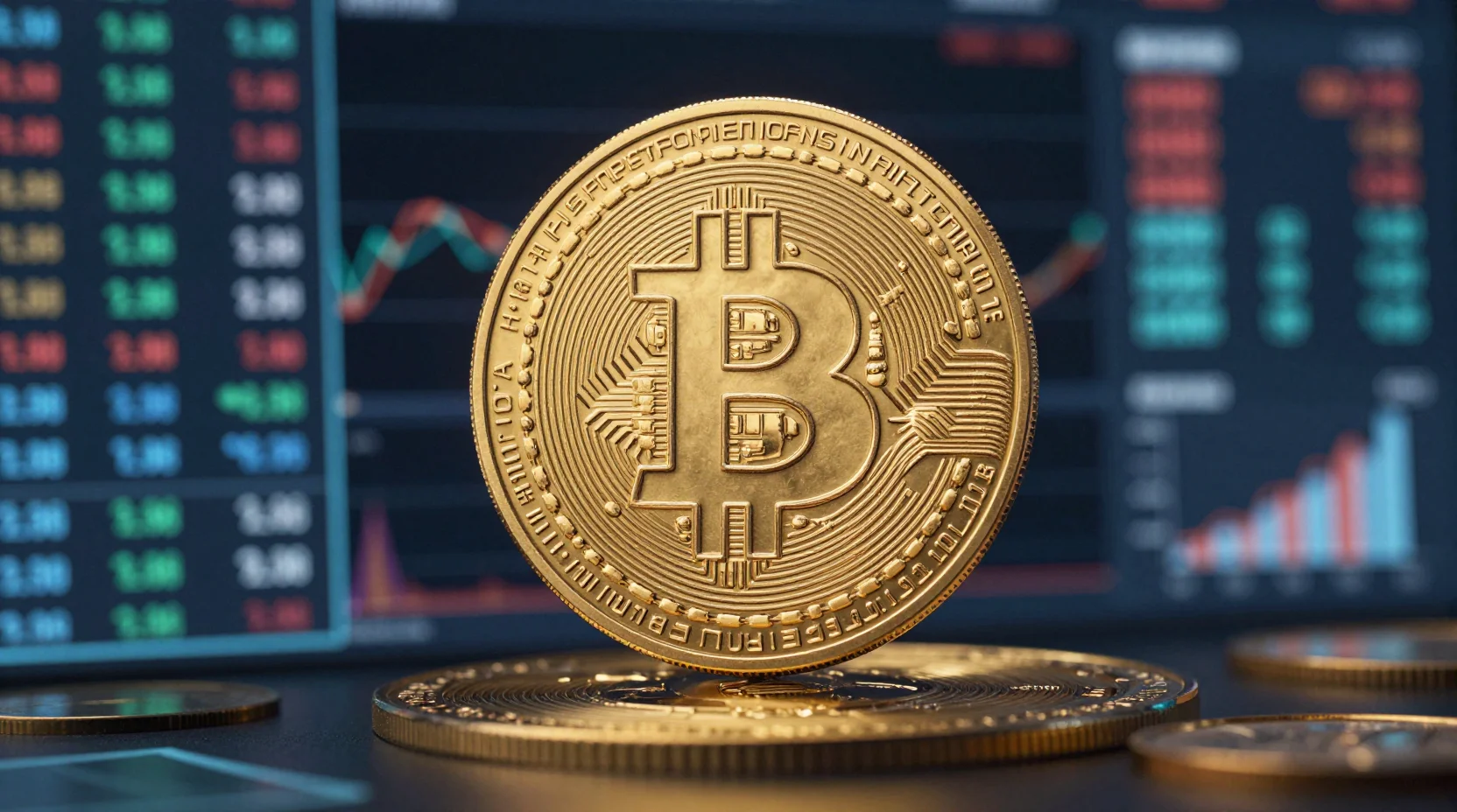 Bitcoin digital trading floor visualization with golden coin and holographic market data