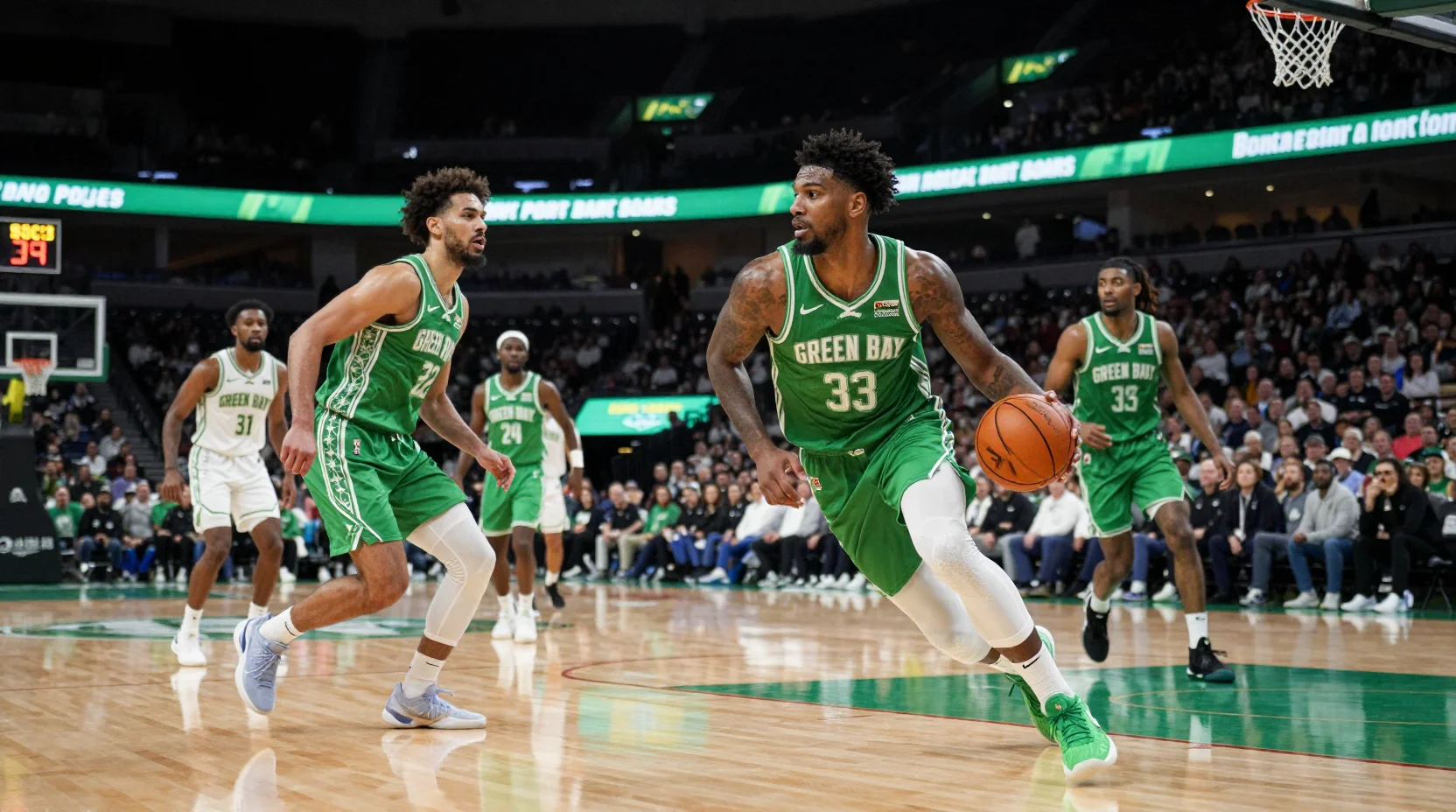 College basketball arena scene showing intense gameplay between Green Bay Phoenix and Youngstown State Penguins