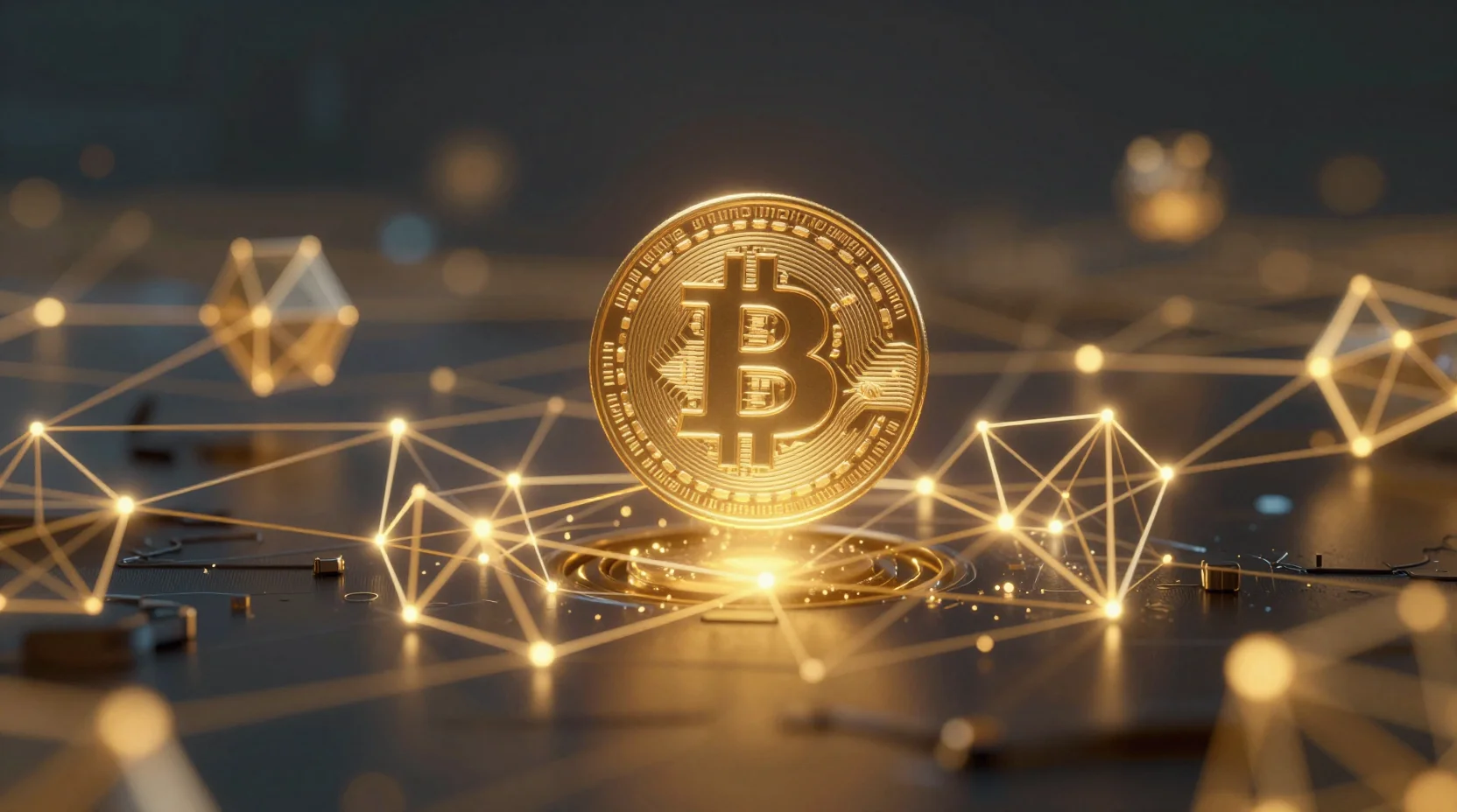 Digital landscape with golden Bitcoin floating among blockchain nodes, representing cryptocurrency's frontier