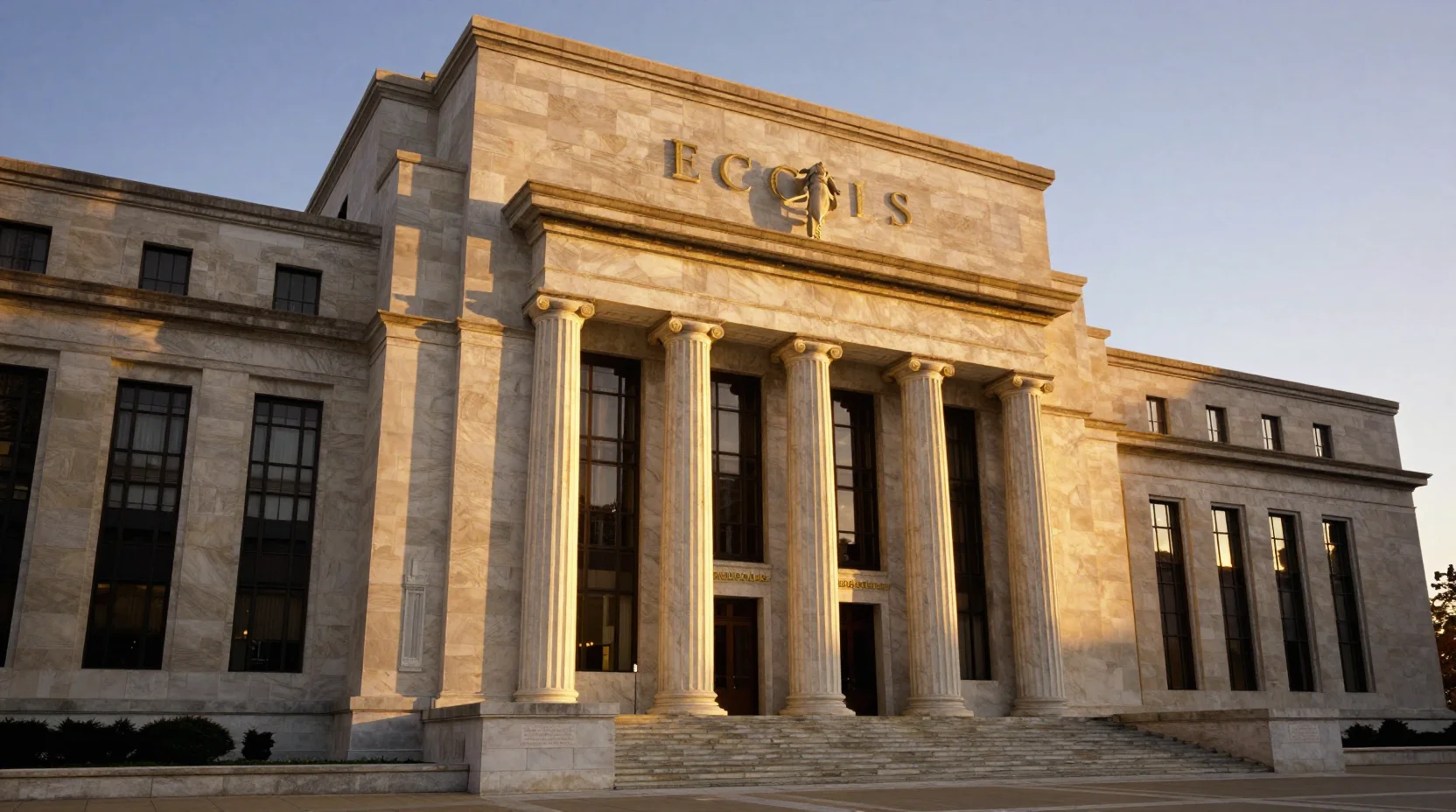 The Federal Reserve's Eccles Building at dusk, representing institutional economic authority