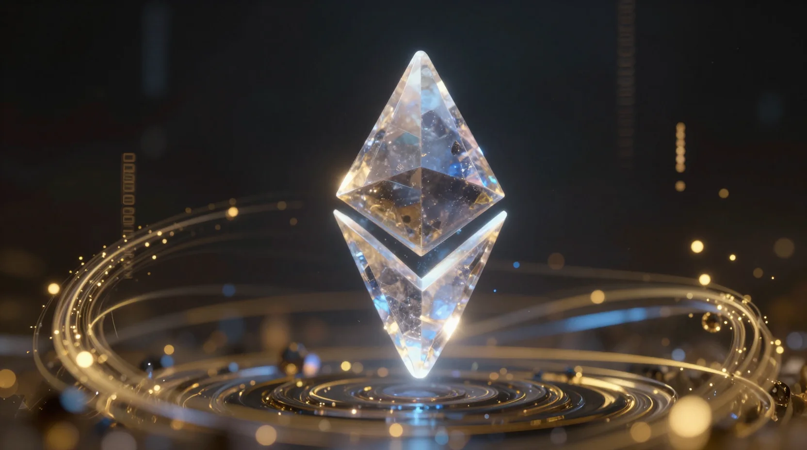Ethereum crystal floating in digital void with data streams