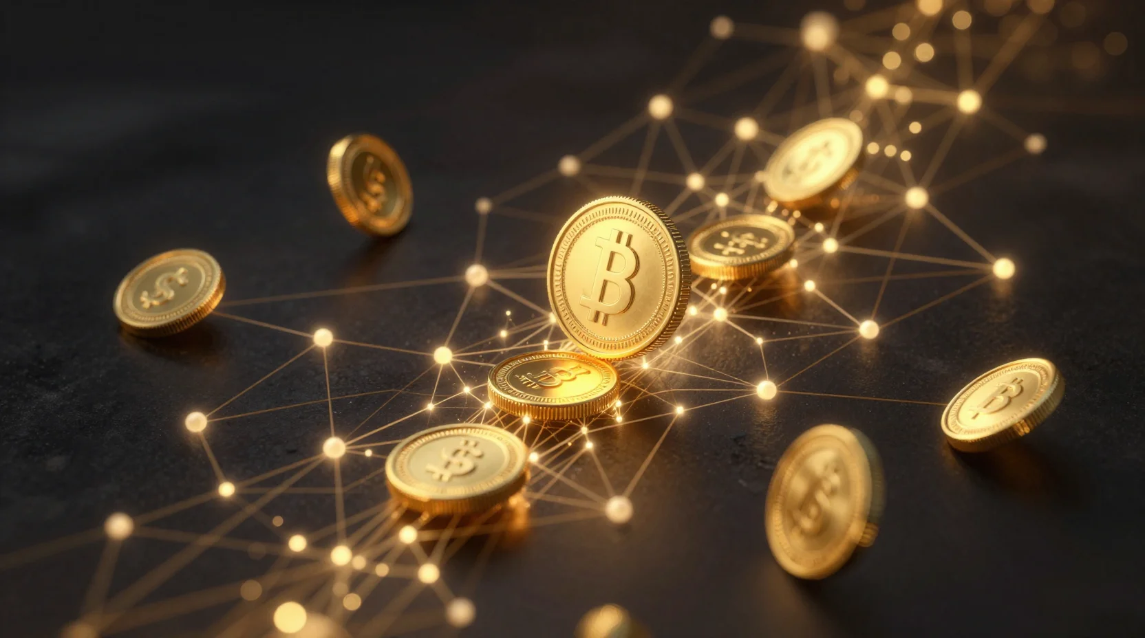 Futuristic DeFi protocol visualization with golden tokens flowing through decentralized network