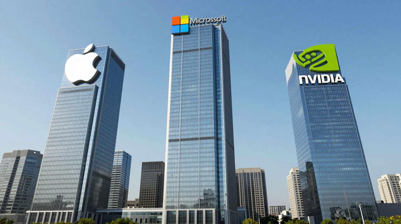 Visualization of three corporate towers competing for market cap supremacy