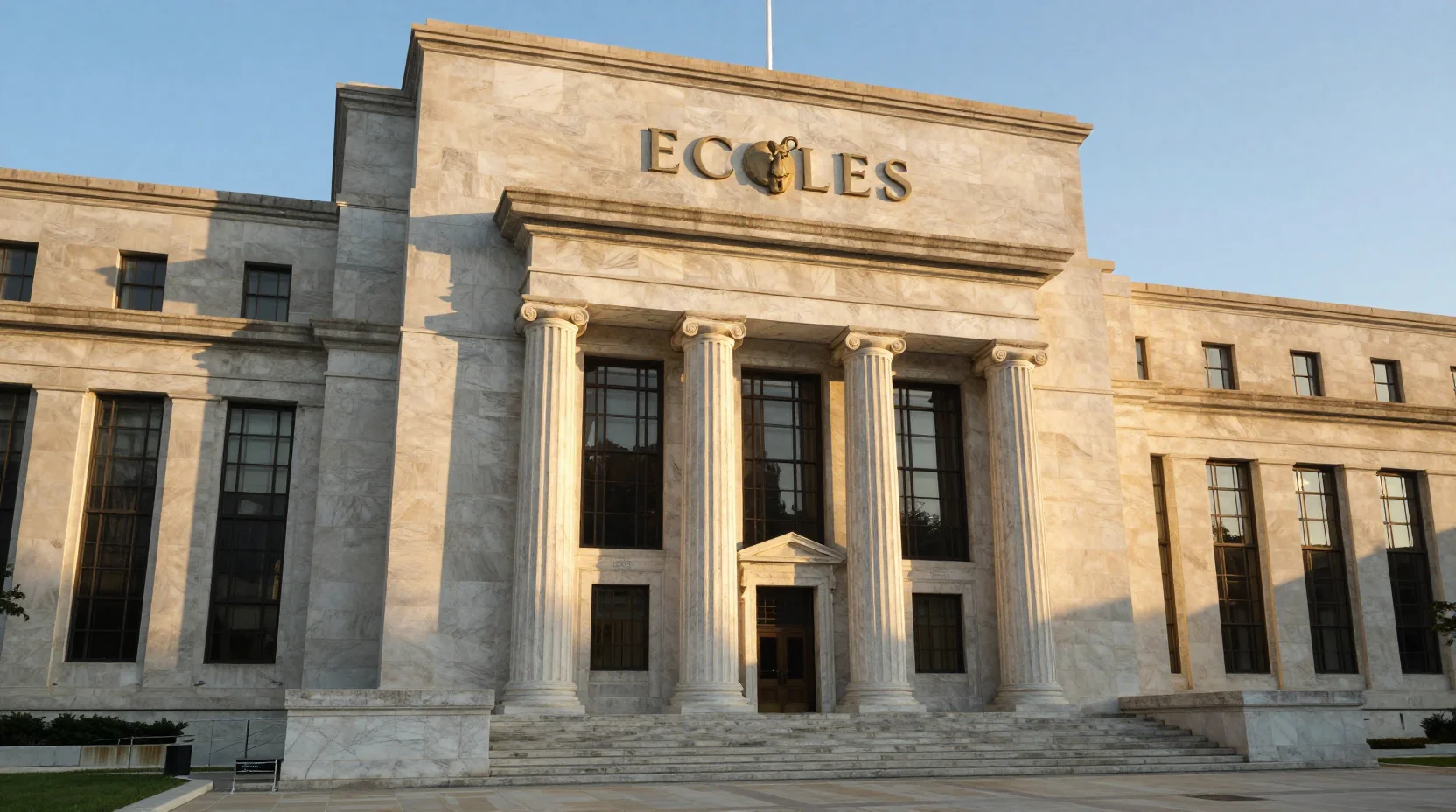 The Federal Reserve's Eccles Building at golden hour with symbolic scales representing the delicate balance of monetary policy decisions