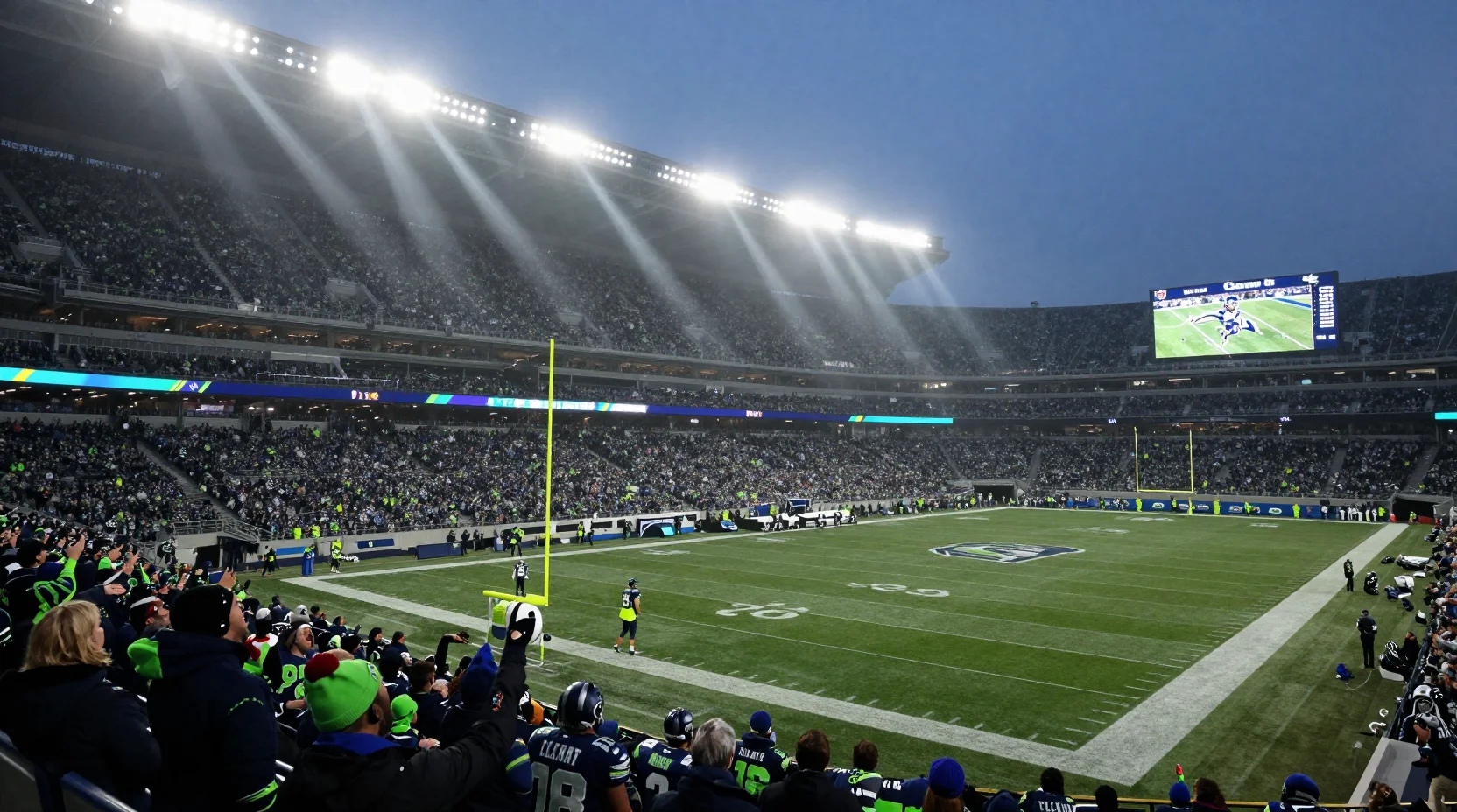 Dramatic NFL championship moment at Lumen Field with floodlights piercing through evening mist