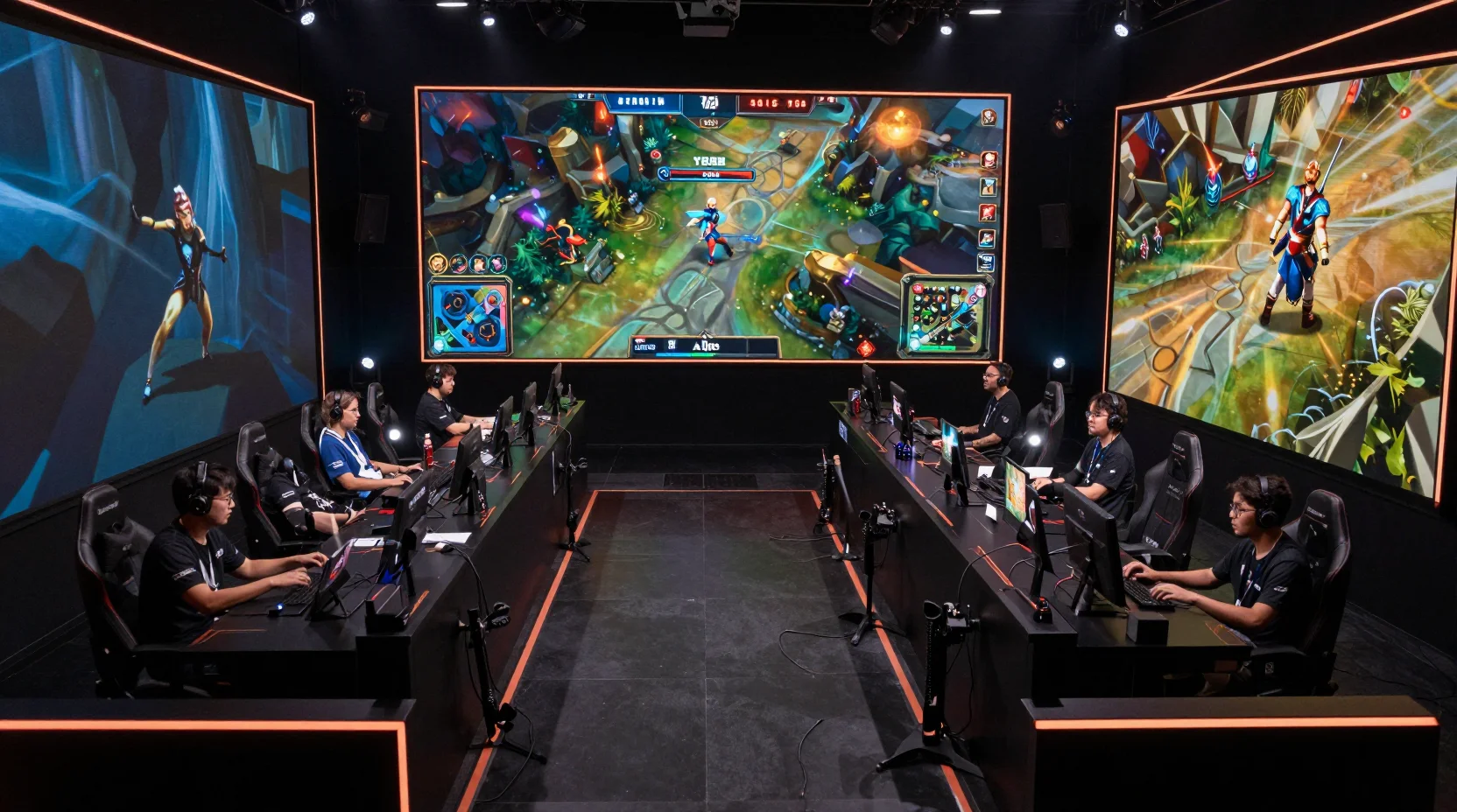 Intense League of Legends esports arena moment with JD Gaming and Bilibili Gaming competing