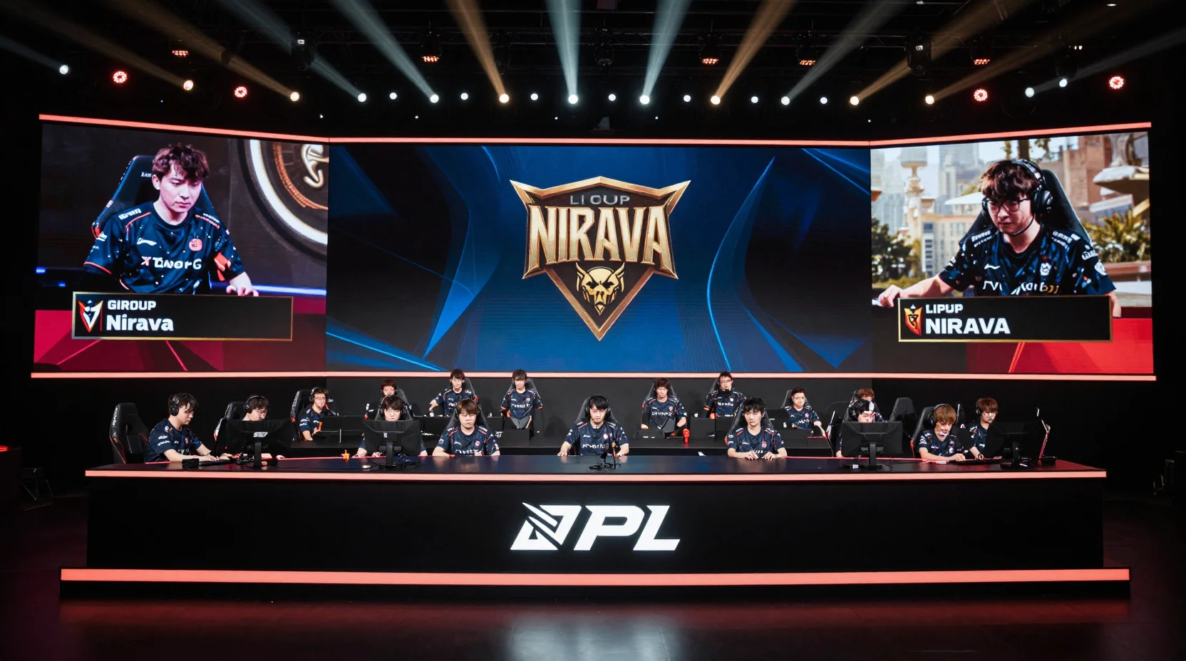 High-stakes League of Legends esports arena with LPL Group Nirvana stage setup