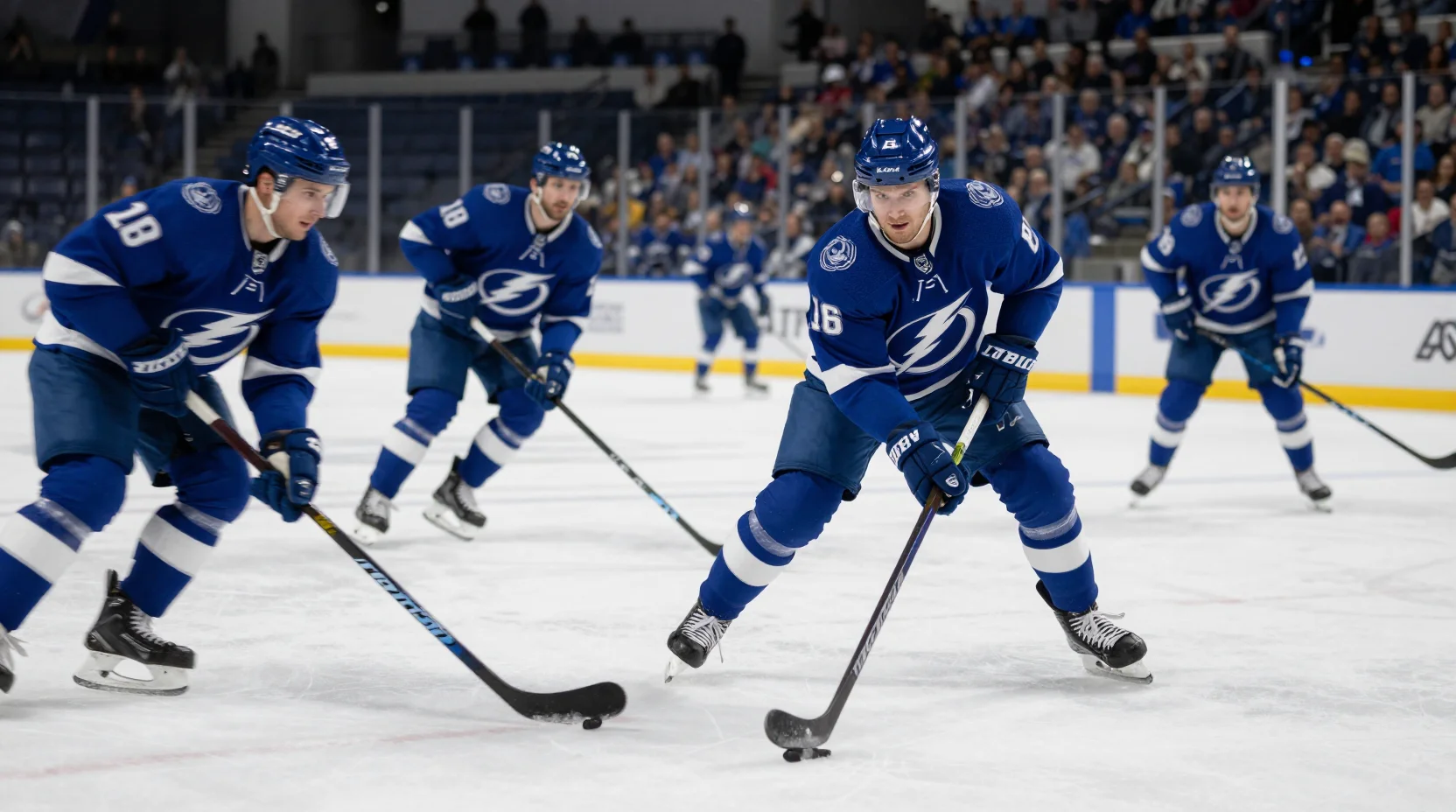 Dynamic hockey scene showing Tampa Bay Lightning offensive action against Chicago Blackhawks defense