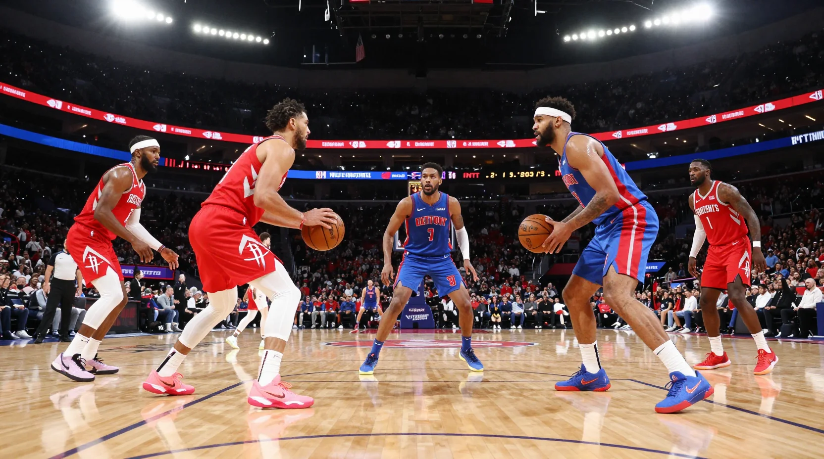 NBA game scene with Rockets and Pistons in competition