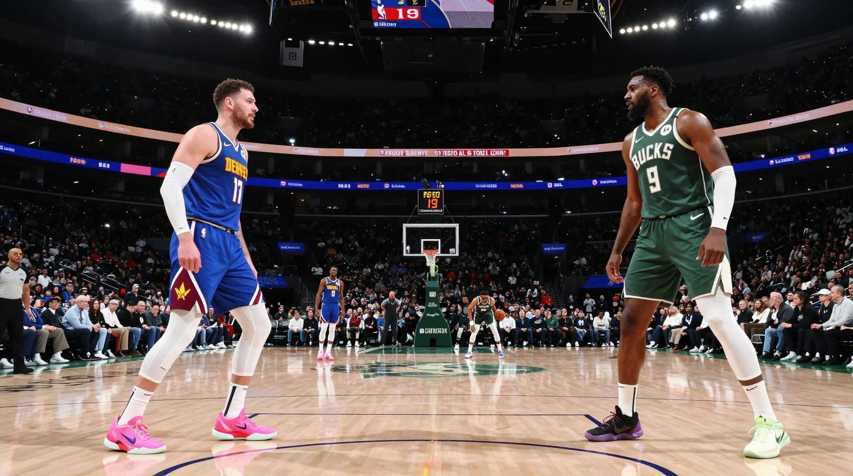 NBA game scene showing the intensity of competition between Nuggets and Bucks