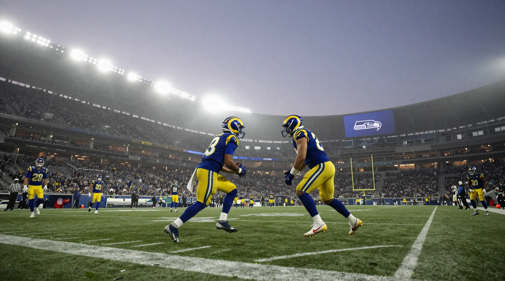 NFL game scene showing intense stadium atmosphere with floodlights cutting through evening mist