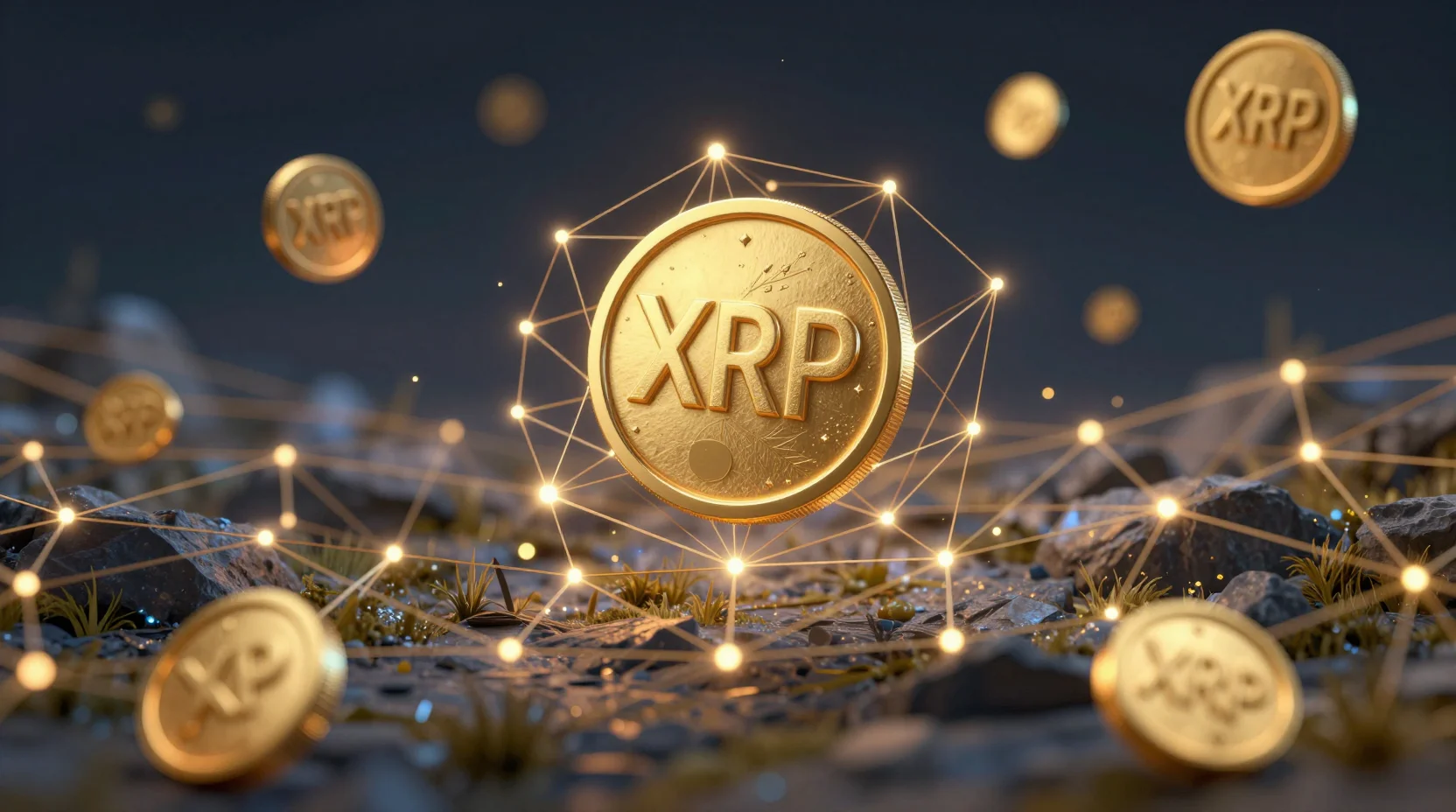 Digital landscape with golden XRP tokens floating among interconnected blockchain nodes
